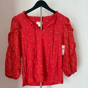 Anthropologie Red Blouse with Patterned Detail